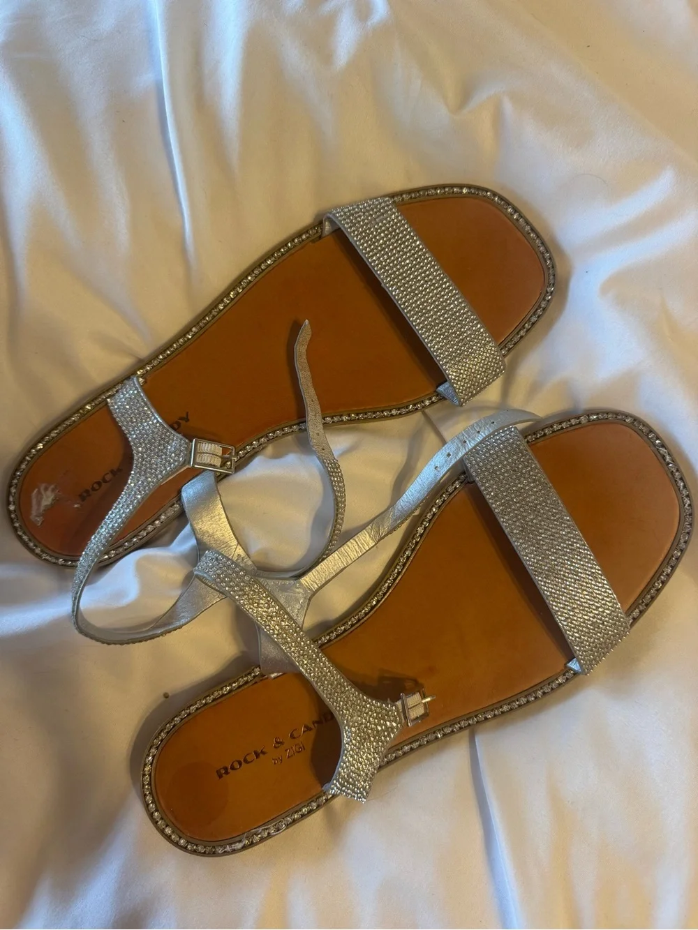 Rock & Candy Silver Rhinestone Open-Toe Flat Sandals